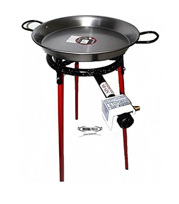 Paella Cooking Set with Polished Steel Pan, Gas Burner, Legs & Spoon